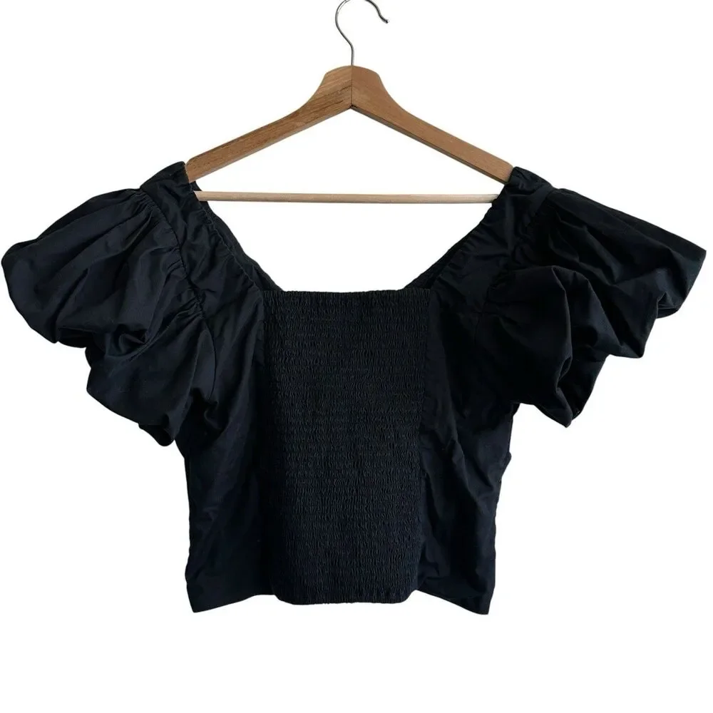Abercrombie & Fitch Black Puff Sleeve Babydoll Top L Cropped Smocked Coquette